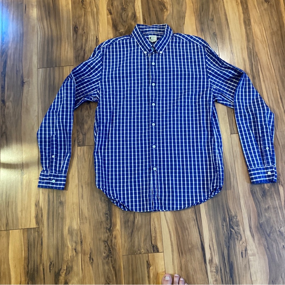 J. Crew Shirt Mens Lg Sunwashed Oxford Blue/White Plaid Button Up Long Sleeve